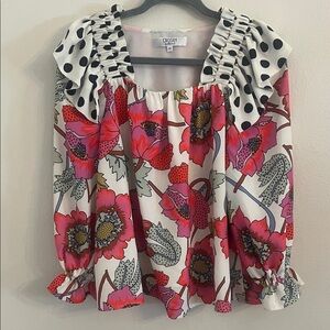 CROSBY by Mollie Burch Floral and Polka Dot Long Sleeve Blouse Pink & White XS S